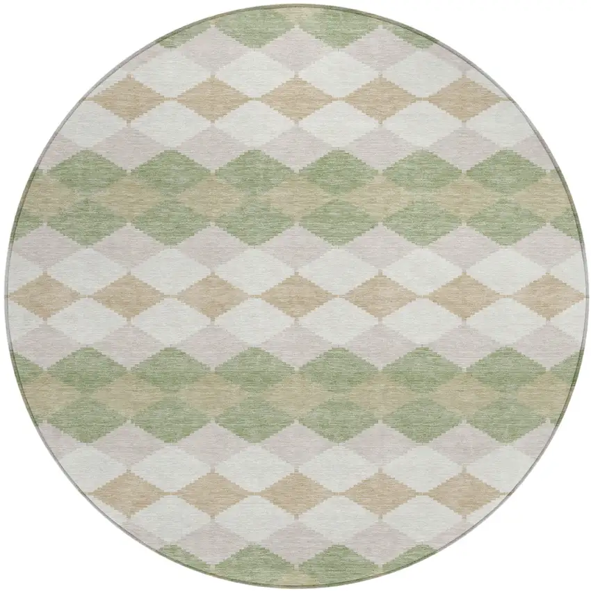 8' Artichoke Green Ivory And Beige Round Geometric Washable Indoor Outdoor Area Rug Photo 2
