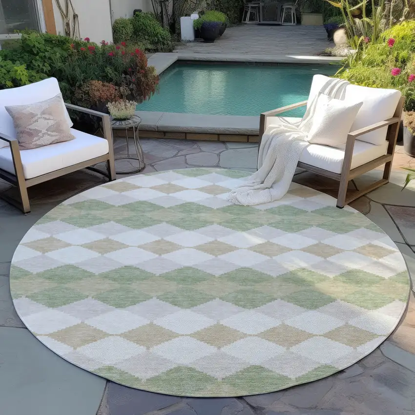 8' Artichoke Green Ivory And Beige Round Geometric Washable Indoor Outdoor Area Rug Photo 6