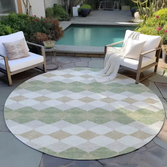 8' Artichoke Green Ivory And Beige Round Geometric Washable Indoor Outdoor Area Rug Photo 6