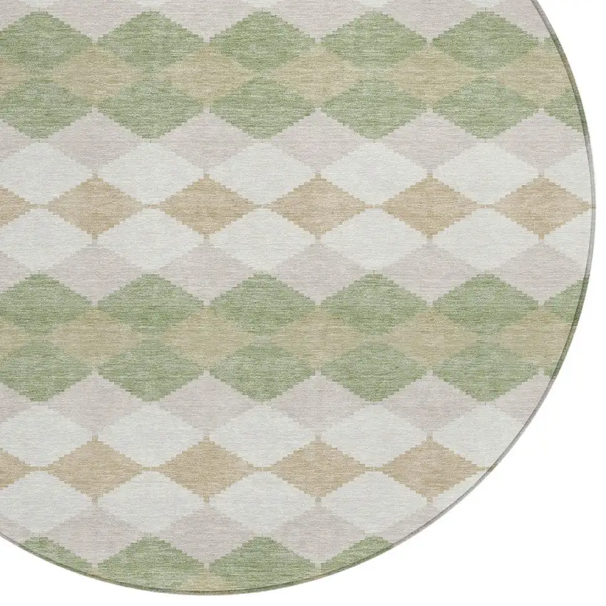 8' Artichoke Green Ivory And Beige Round Geometric Washable Indoor Outdoor Area Rug Photo 4