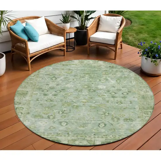 8' Artichoke Green Ivory And Beige Round Oriental Washable Indoor Outdoor Area Rug Photo 2