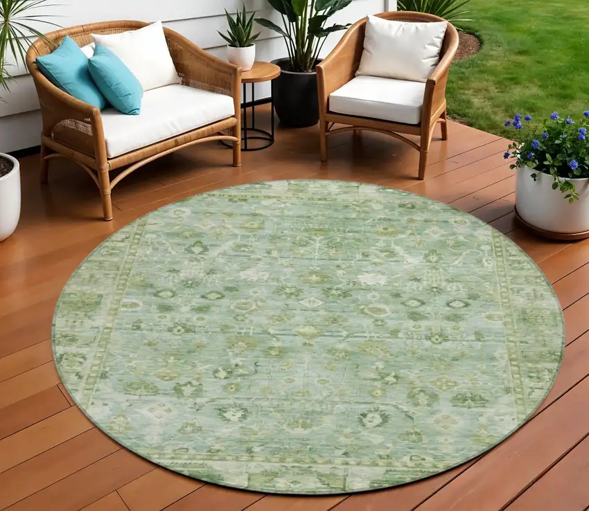 8' Artichoke Green Ivory And Beige Round Oriental Washable Indoor Outdoor Area Rug Photo 2