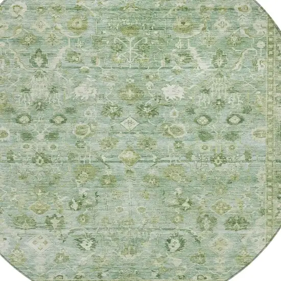8' Artichoke Green Ivory And Beige Round Oriental Washable Indoor Outdoor Area Rug Photo 4
