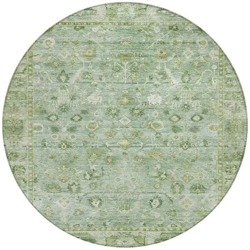8' Artichoke Green Ivory And Beige Round Oriental Washable Indoor Outdoor Area Rug Photo 3