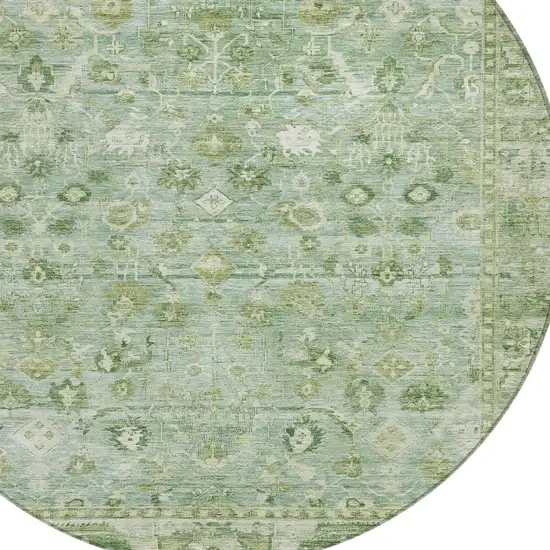 8' Artichoke Green Ivory And Beige Round Oriental Washable Indoor Outdoor Area Rug Photo 8