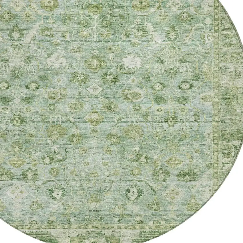 8' Artichoke Green Ivory And Beige Round Oriental Washable Indoor Outdoor Area Rug Photo 8