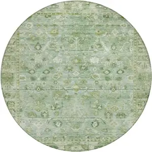 Photo of 8' Artichoke Green Ivory And Beige Round Oriental Washable Indoor Outdoor Area Rug