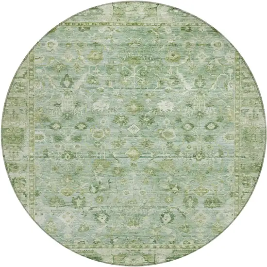 8' Artichoke Green Ivory And Beige Round Oriental Washable Indoor Outdoor Area Rug Photo 1