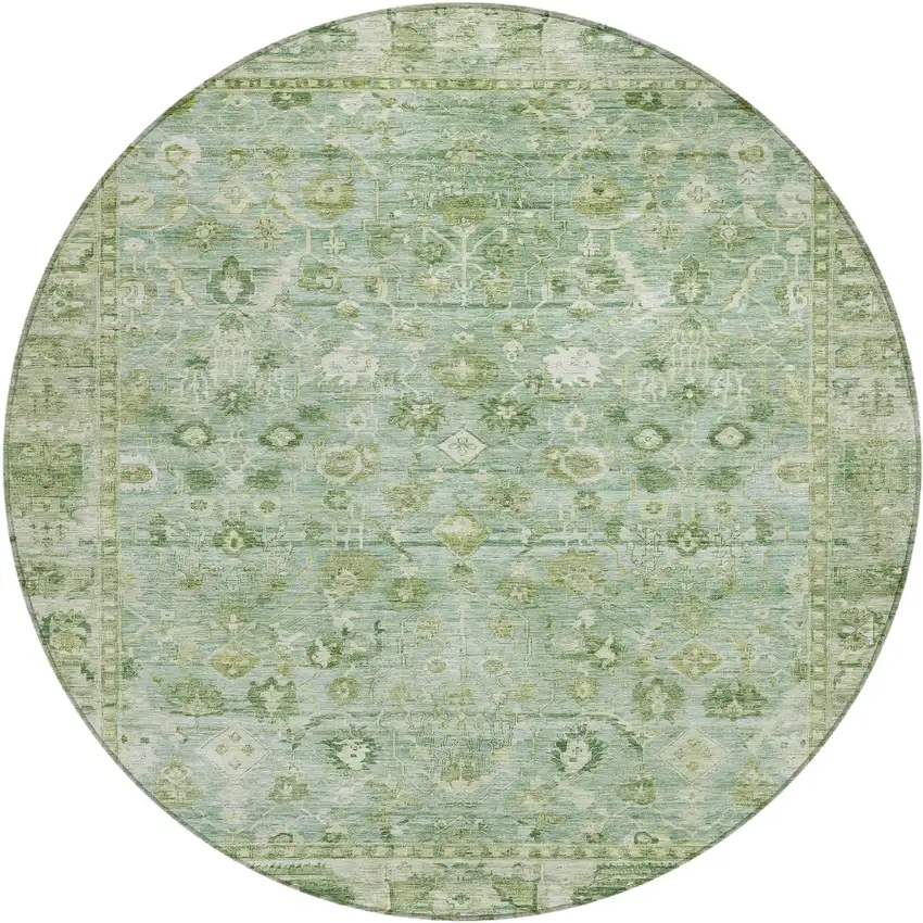 8' Artichoke Green Ivory And Beige Round Oriental Washable Indoor Outdoor Area Rug Photo 1