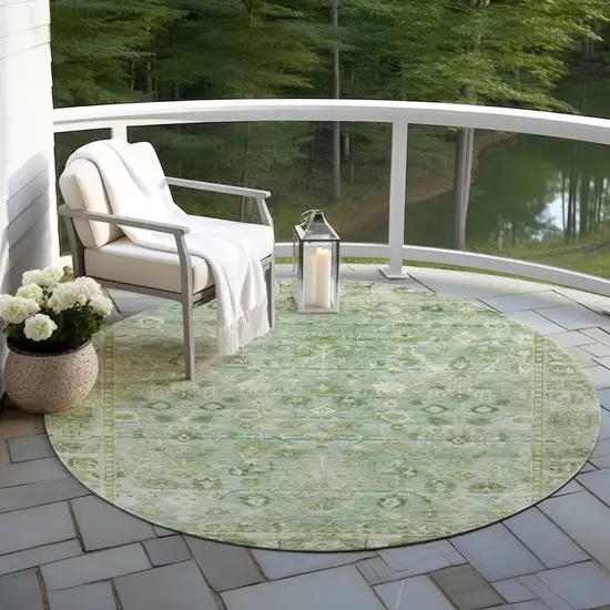 8' Artichoke Green Ivory And Beige Round Oriental Washable Indoor Outdoor Area Rug Photo 5