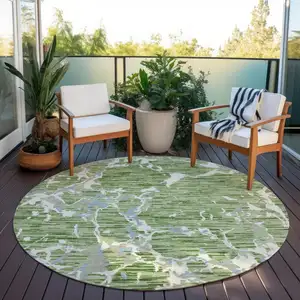 Photo of 8' Artichoke Green Ivory And Beige Round Striped Washable Indoor Outdoor Area Rug
