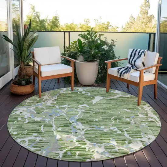 8' Artichoke Green Ivory And Beige Round Striped Washable Indoor Outdoor Area Rug Photo 8