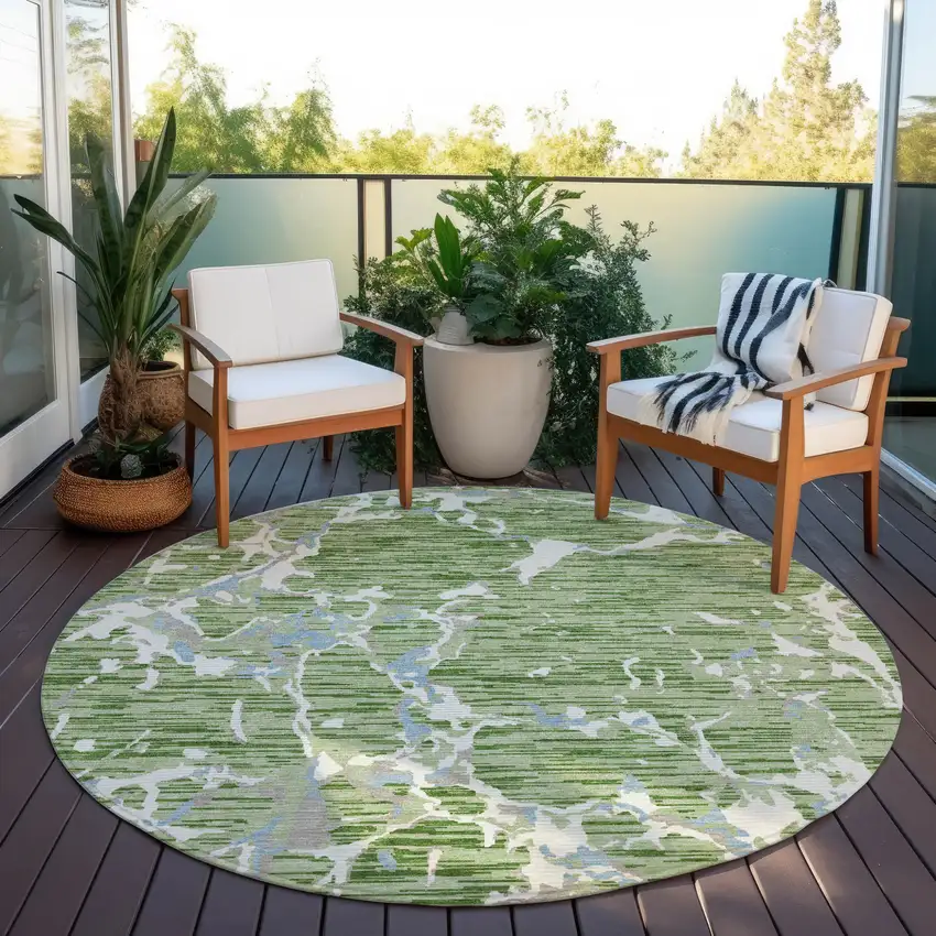 8' Artichoke Green Ivory And Beige Round Striped Washable Indoor Outdoor Area Rug Photo 8