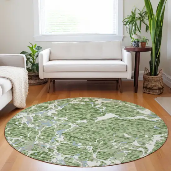8' Artichoke Green Ivory And Beige Round Striped Washable Indoor Outdoor Area Rug Photo 9