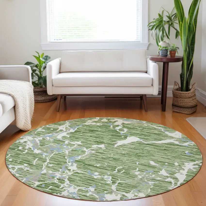 8' Artichoke Green Ivory And Beige Round Striped Washable Indoor Outdoor Area Rug Photo 9