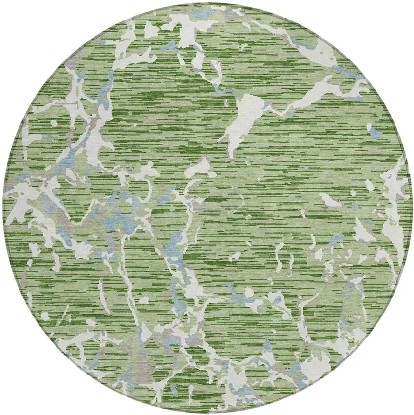 8' Artichoke Green Ivory And Beige Round Striped Washable Indoor Outdoor Area Rug Photo 2
