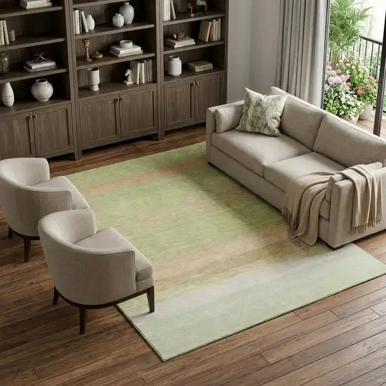 8' Artichoke Green Ivory And Beige Striped Washable Area Rug With UV Protection Photo 1