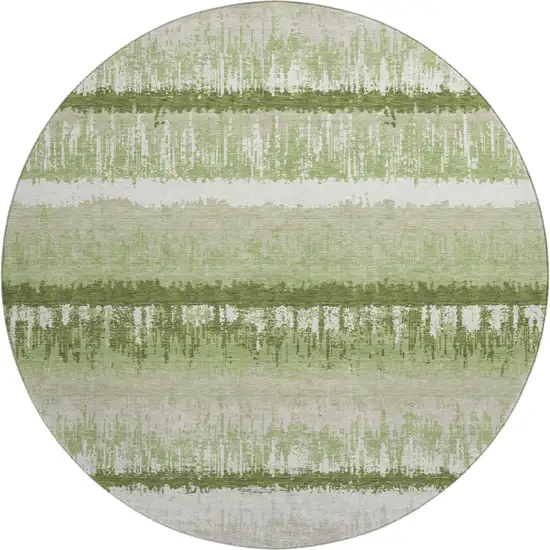 8' Artichoke Green Ivory And Beige Striped Washable Round Rug With UV Protection Photo 1