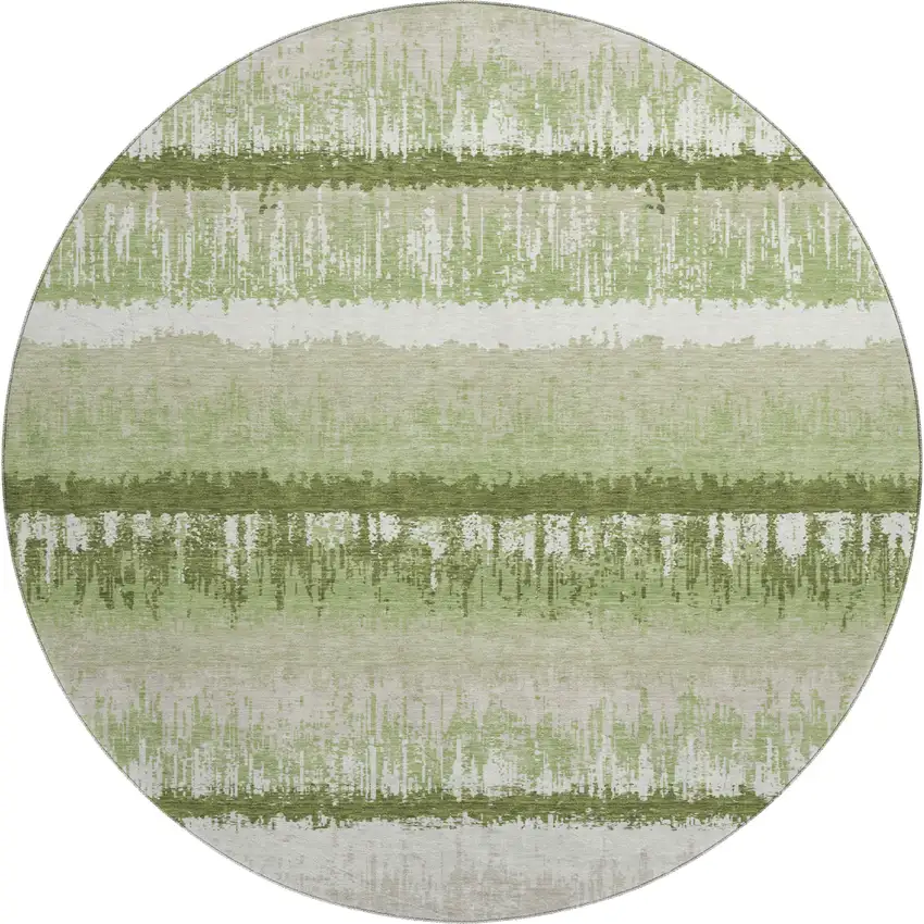 8' Artichoke Green Ivory And Beige Striped Washable Round Rug With UV Protection Photo 1