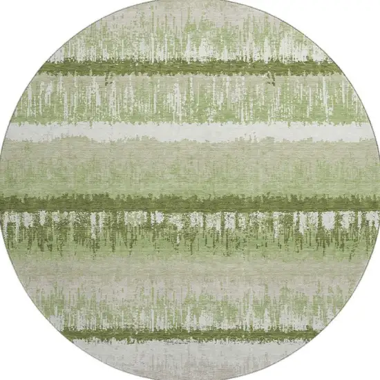 8' Artichoke Green Ivory And Beige Striped Washable Round Rug With UV Protection Photo 3