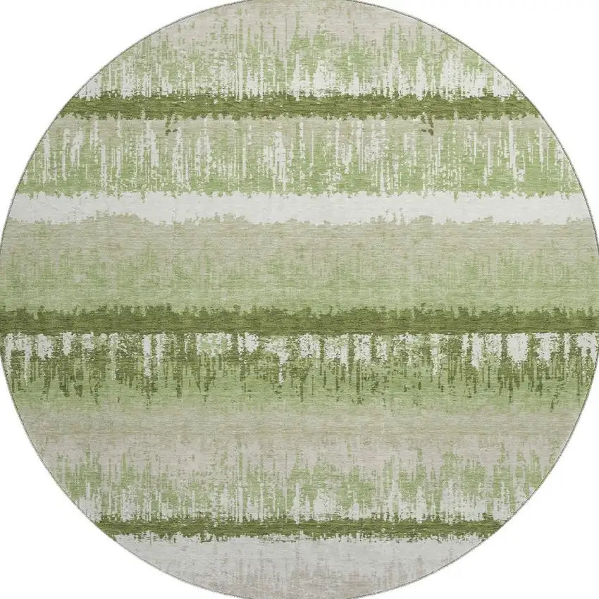 8' Artichoke Green Ivory And Beige Striped Washable Round Rug With UV Protection Photo 3