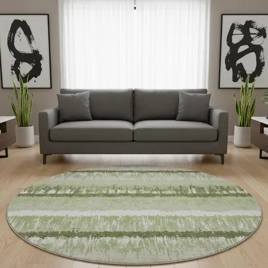 8' Artichoke Green Ivory And Beige Striped Washable Round Rug With UV Protection Photo 2