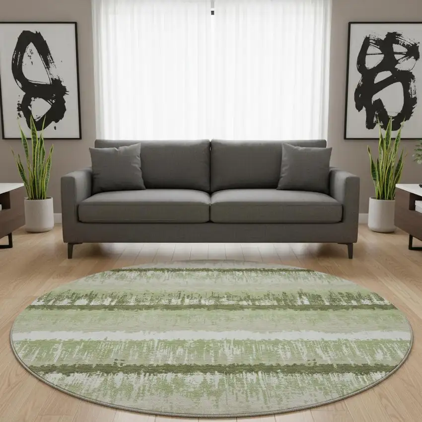 8' Artichoke Green Ivory And Beige Striped Washable Round Rug With UV Protection Photo 2