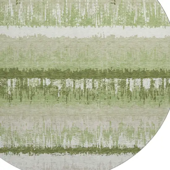 8' Artichoke Green Ivory And Beige Striped Washable Round Rug With UV Protection Photo 2
