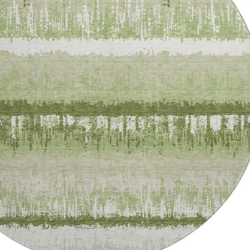 8' Artichoke Green Ivory And Beige Striped Washable Round Rug With UV Protection Photo 2