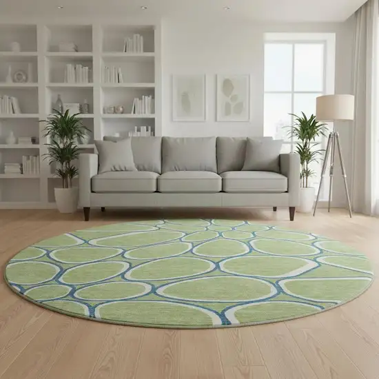 8' Artichoke Green Ivory And Blue Geometric Washable Round Rug With UV Protection Photo 2