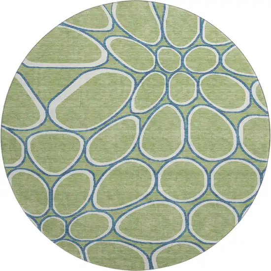 8' Artichoke Green Ivory And Blue Geometric Washable Round Rug With UV Protection Photo 1