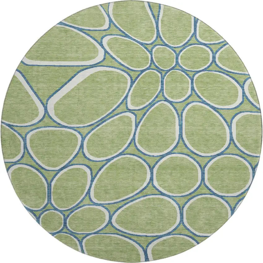 8' Artichoke Green Ivory And Blue Geometric Washable Round Rug With UV Protection Photo 1