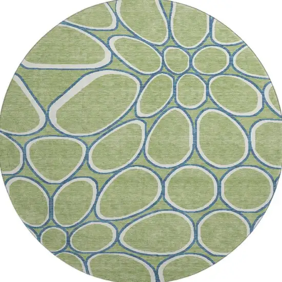8' Artichoke Green Ivory And Blue Geometric Washable Round Rug With UV Protection Photo 2