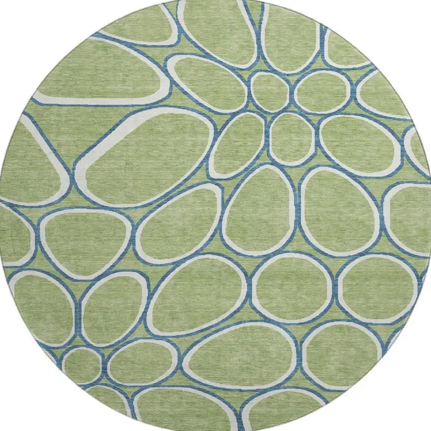 8' Artichoke Green Ivory And Blue Geometric Washable Round Rug With UV Protection Photo 2