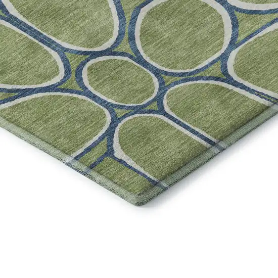 8' Artichoke Green Ivory And Blue Geometric Washable Round Rug With UV Protection Photo 6