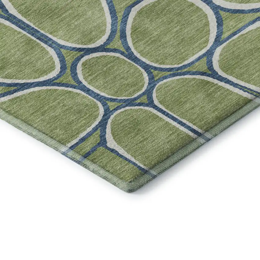 8' Artichoke Green Ivory And Blue Geometric Washable Round Rug With UV Protection Photo 6