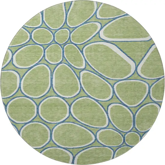 8' Artichoke Green Ivory And Blue Geometric Washable Round Rug With UV Protection Photo 3