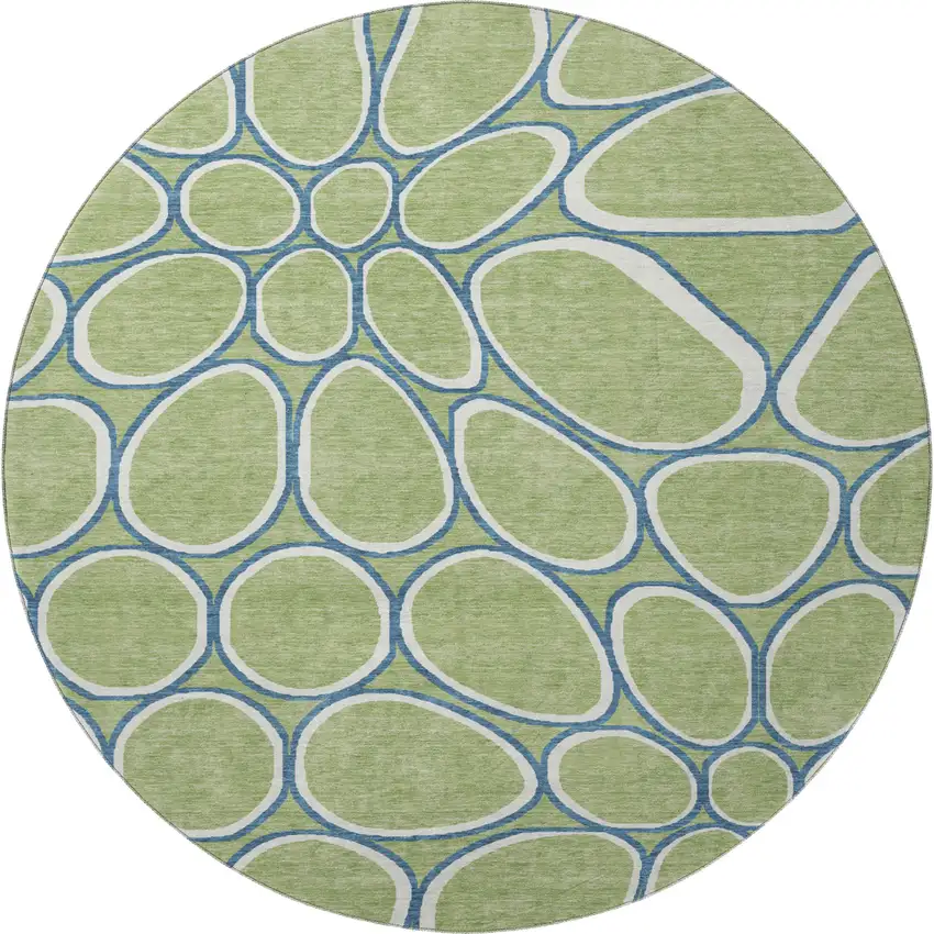 8' Artichoke Green Ivory And Blue Geometric Washable Round Rug With UV Protection Photo 3