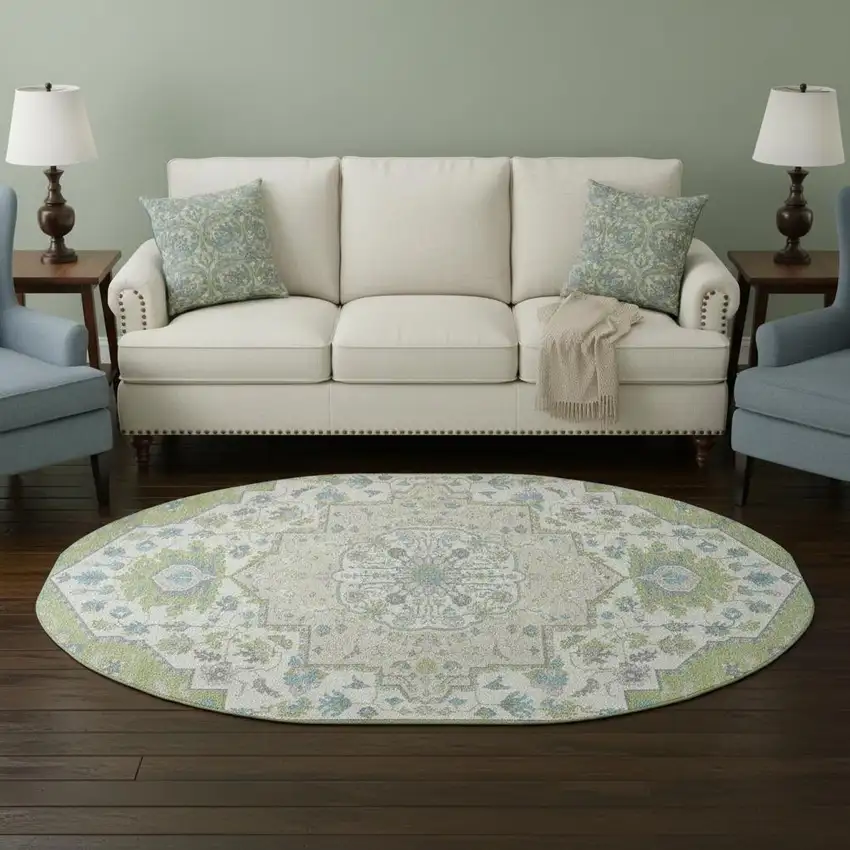 8' Artichoke Green Ivory And Blue Oriental Washable Round Rug With UV Protection Photo 2