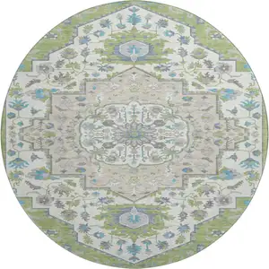 Photo of 8' Artichoke Green Ivory And Blue Oriental Washable Round Rug With UV Protection