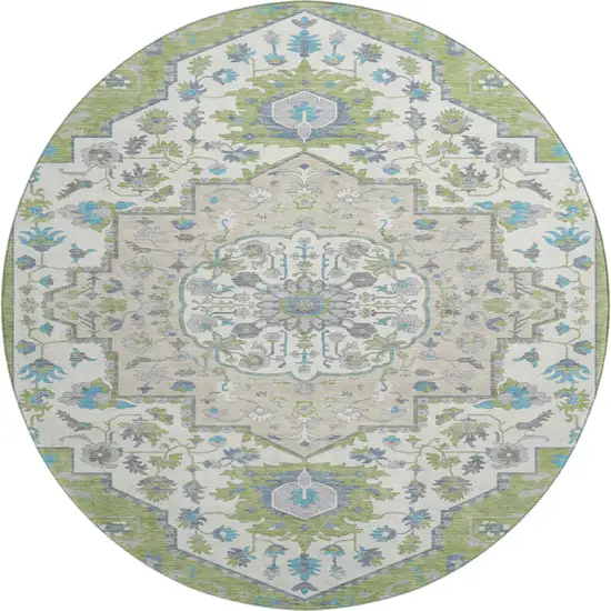 8' Artichoke Green Ivory And Blue Oriental Washable Round Rug With UV Protection Photo 1