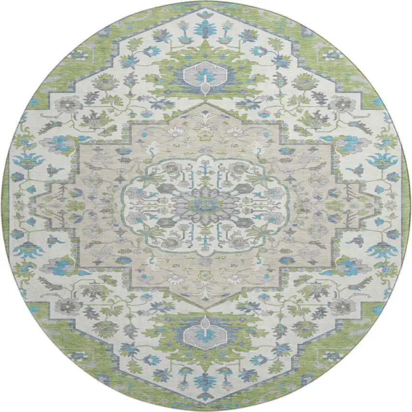 8' Artichoke Green Ivory And Blue Oriental Washable Round Rug With UV Protection Photo 1