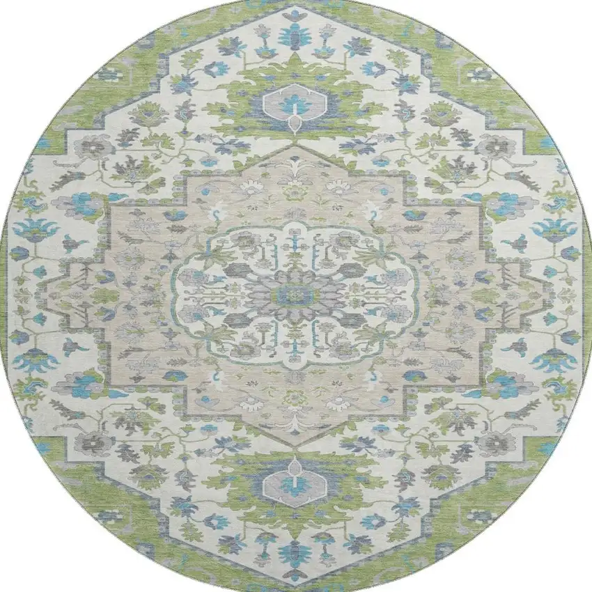 8' Artichoke Green Ivory And Blue Oriental Washable Round Rug With UV Protection Photo 3