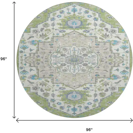 8' Artichoke Green Ivory And Blue Oriental Washable Round Rug With UV Protection Photo 9