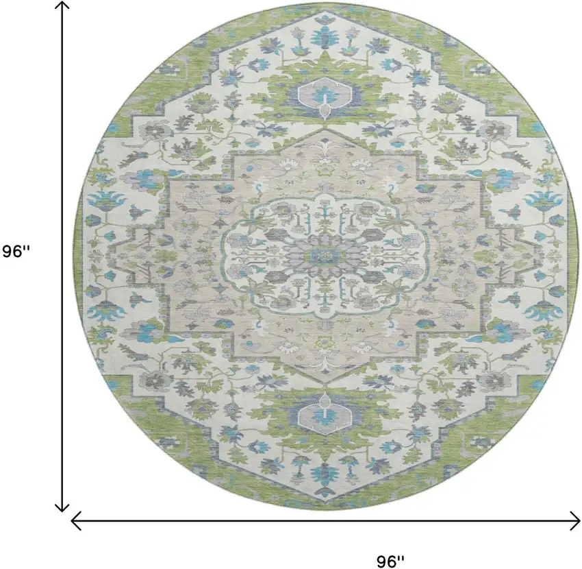 8' Artichoke Green Ivory And Blue Oriental Washable Round Rug With UV Protection Photo 9