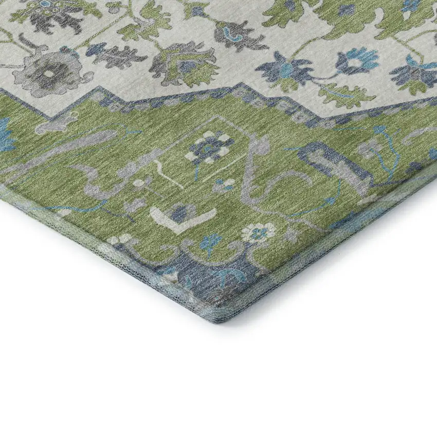 8' Artichoke Green Ivory And Blue Oriental Washable Round Rug With UV Protection Photo 6