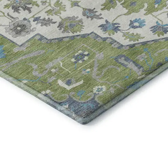 8' Artichoke Green Ivory And Blue Oriental Washable Round Rug With UV Protection Photo 6