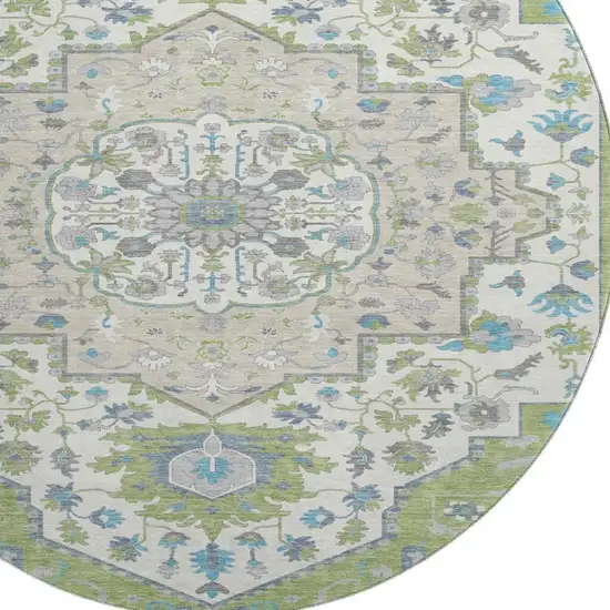 8' Artichoke Green Ivory And Blue Oriental Washable Round Rug With UV Protection Photo 2