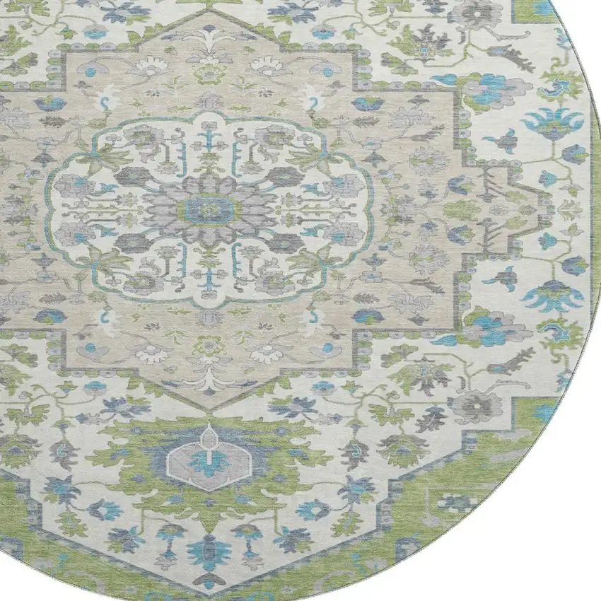 8' Artichoke Green Ivory And Blue Oriental Washable Round Rug With UV Protection Photo 2