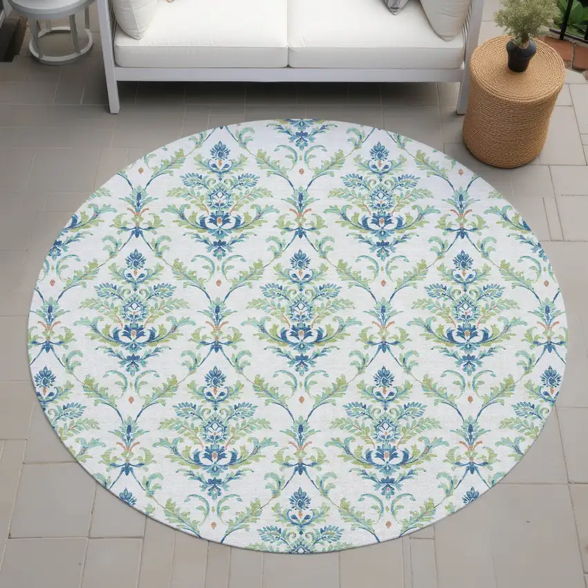 8' Artichoke Green Ivory And Blue Round Damask Washable Indoor Outdoor Area Rug Photo 8